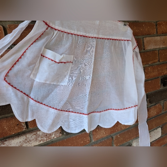 White Sheer half Apron with Red Trim - Picture 2 of 8